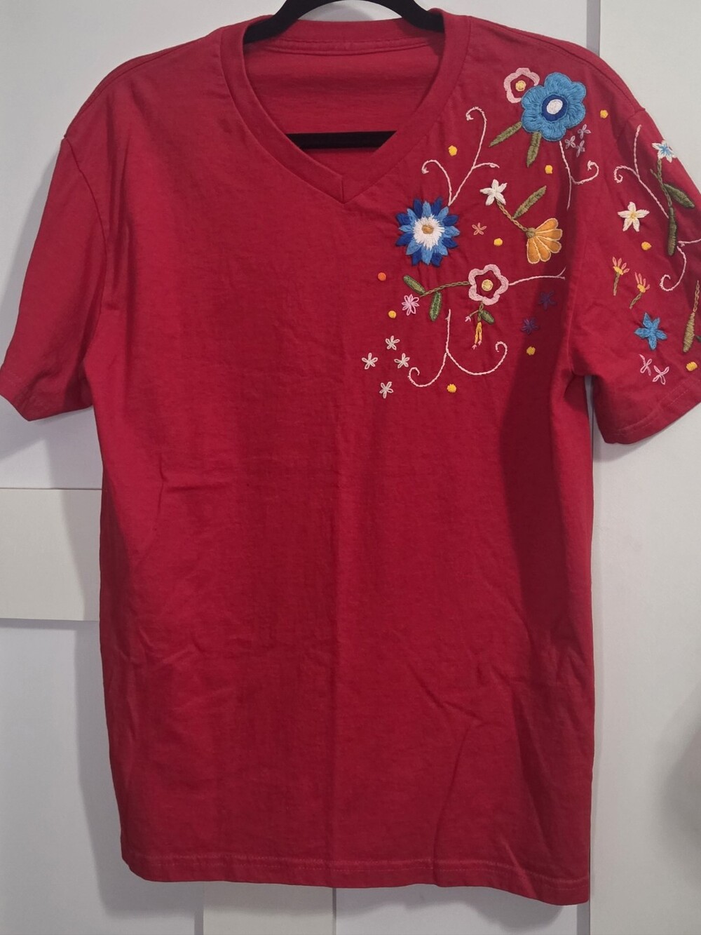 Handmade Red Floral Embroidered V-Neck Top